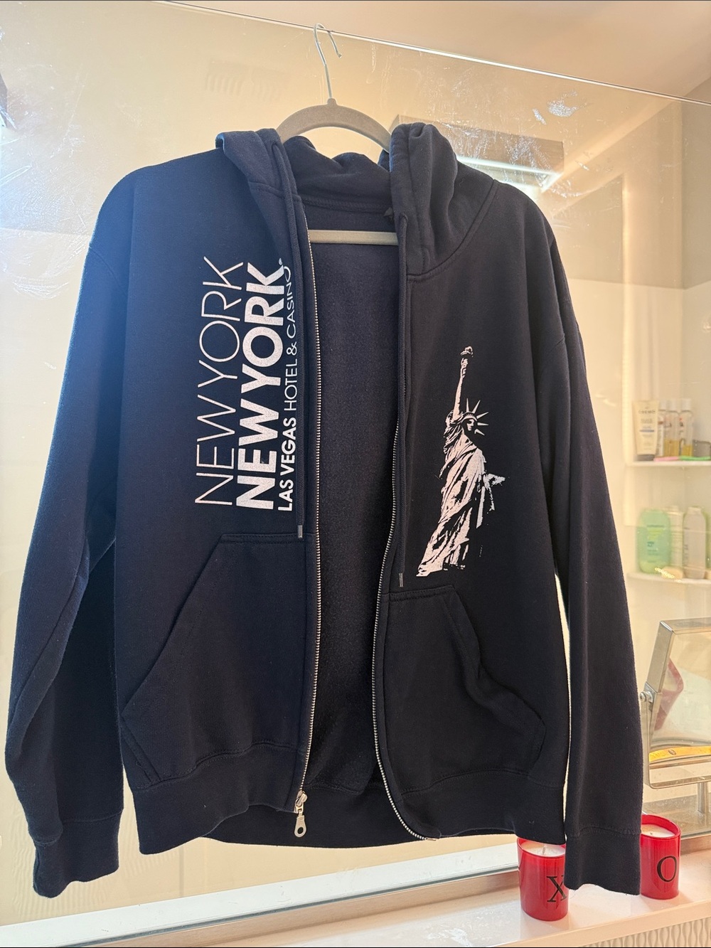 New York New York Black Zip-Up Hoodie with Statue Graphic